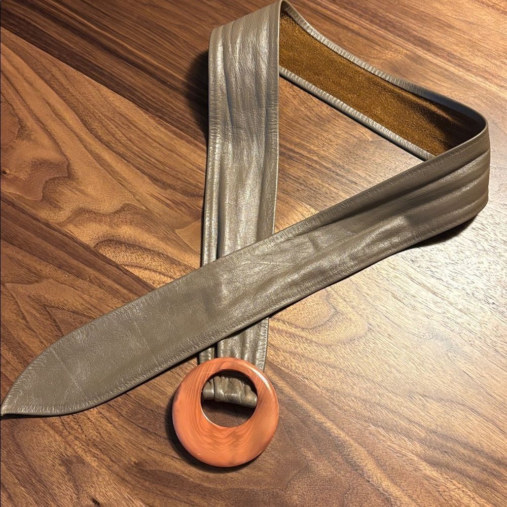 Vintage Leather Belt with Round Bakelite (?) Buckle
